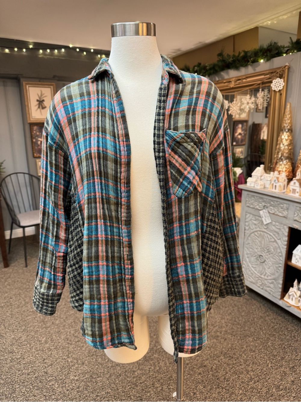 Free People Plaid Button-Up Shirt in Olive, Blue & Pink